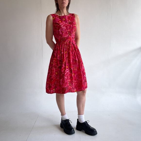 Vtg 90s Red Floral Sleeveless Pleated Cotton Dress Size 8 Retro 50's 60's Style - Picture 2 of 7